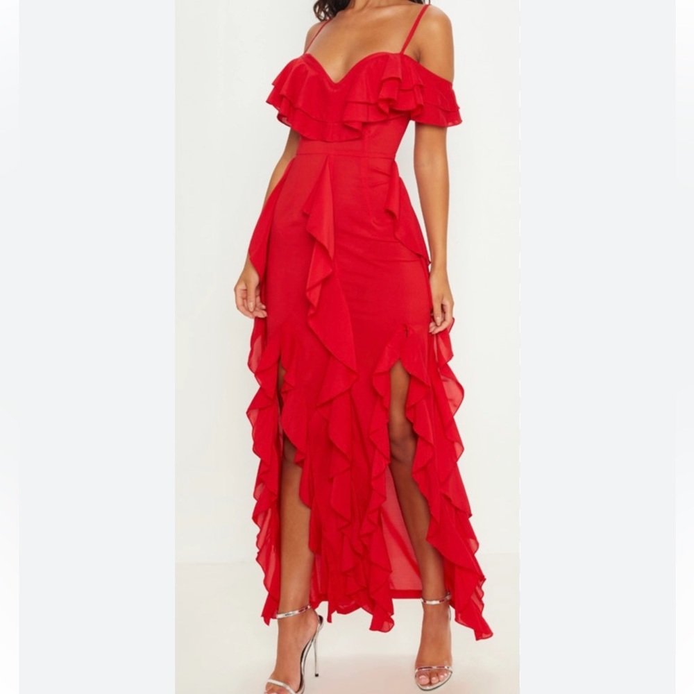 PTL red shoulder ruffle maxi dress